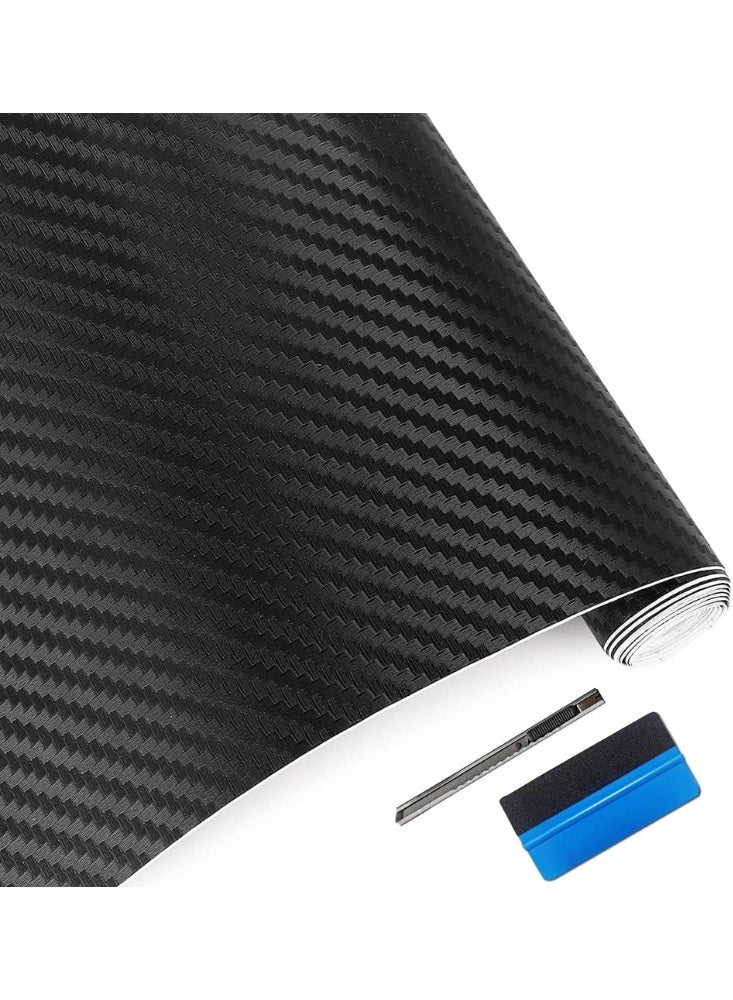 3D ألياف الكربون فينيل لف - في الهواء الطلق تصنيف لاستخدام السيارات - 12 بوصة × 60 بوصة تحتوي على سكين وأداة اليد (أسود) - Image 1